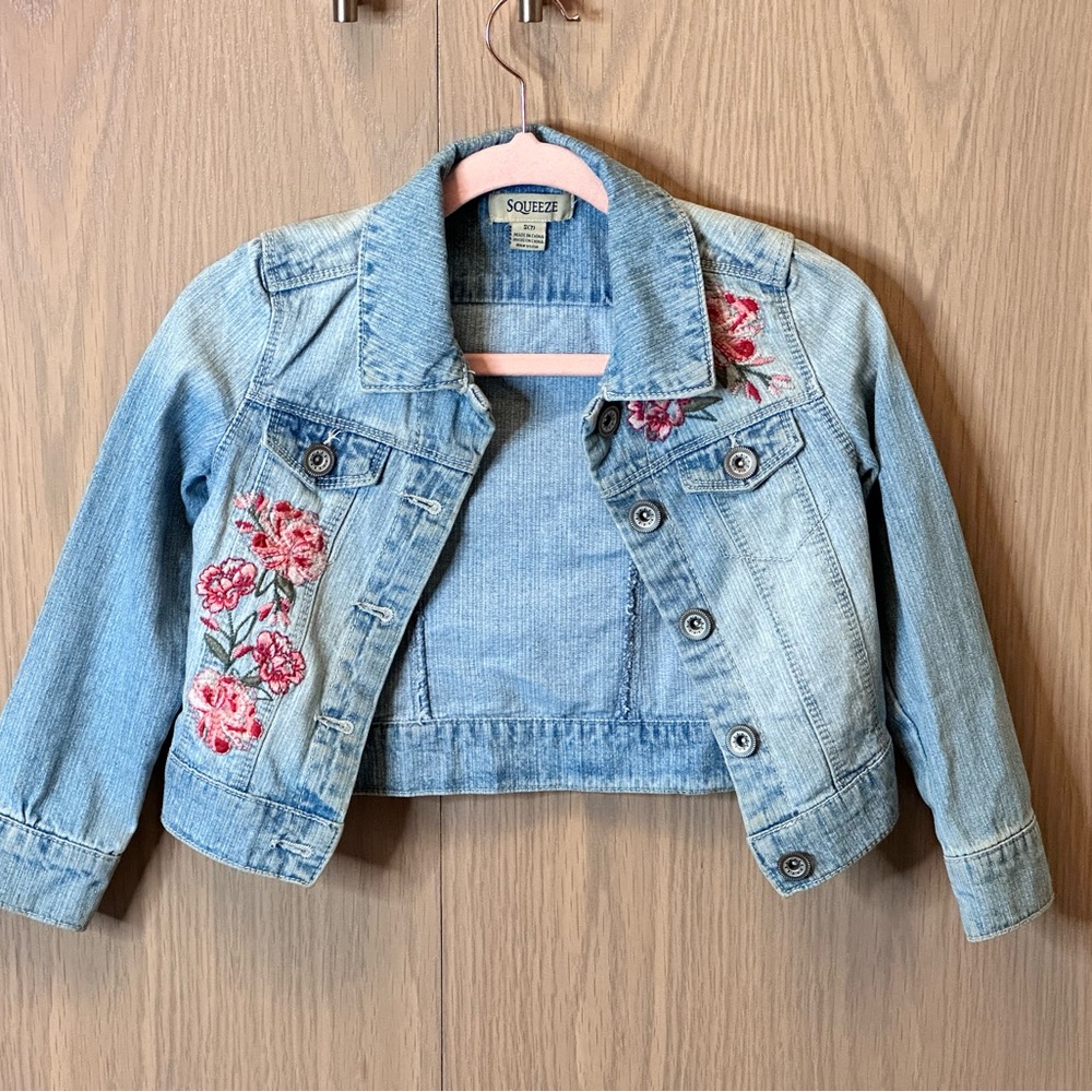 Squeeze Light Blue Denim Jacket with Pink Floral Embroidery
